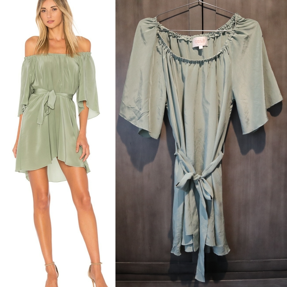 Stone Cold Fox Shadmoor Sea Green 100% Silk Dress xs/s Off Shoulder Seco…